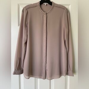 Elegant Reiss Women's Blouse in Taupe.Detail placket, neck and wrists.